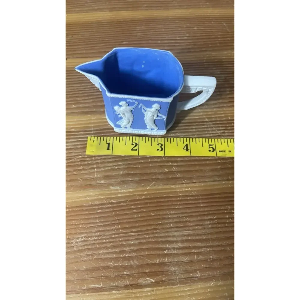 Blue White Jasperware Style Creamer Pitcher Classical Relief 5” Vintage